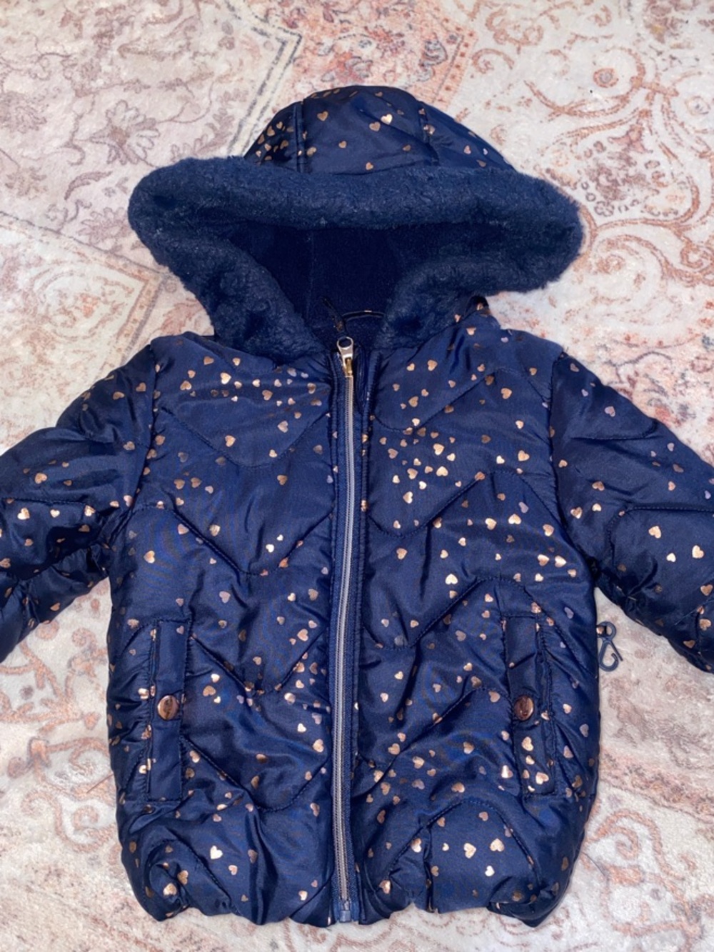 Rothschild Navy Puffer Jacket with Gold Heart Print